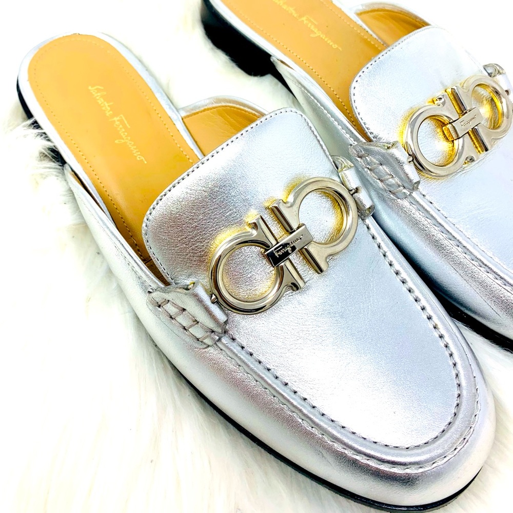 Salvatore Ferragamo Viggio Slip On Mules in Metallic silver with Gancini  logo